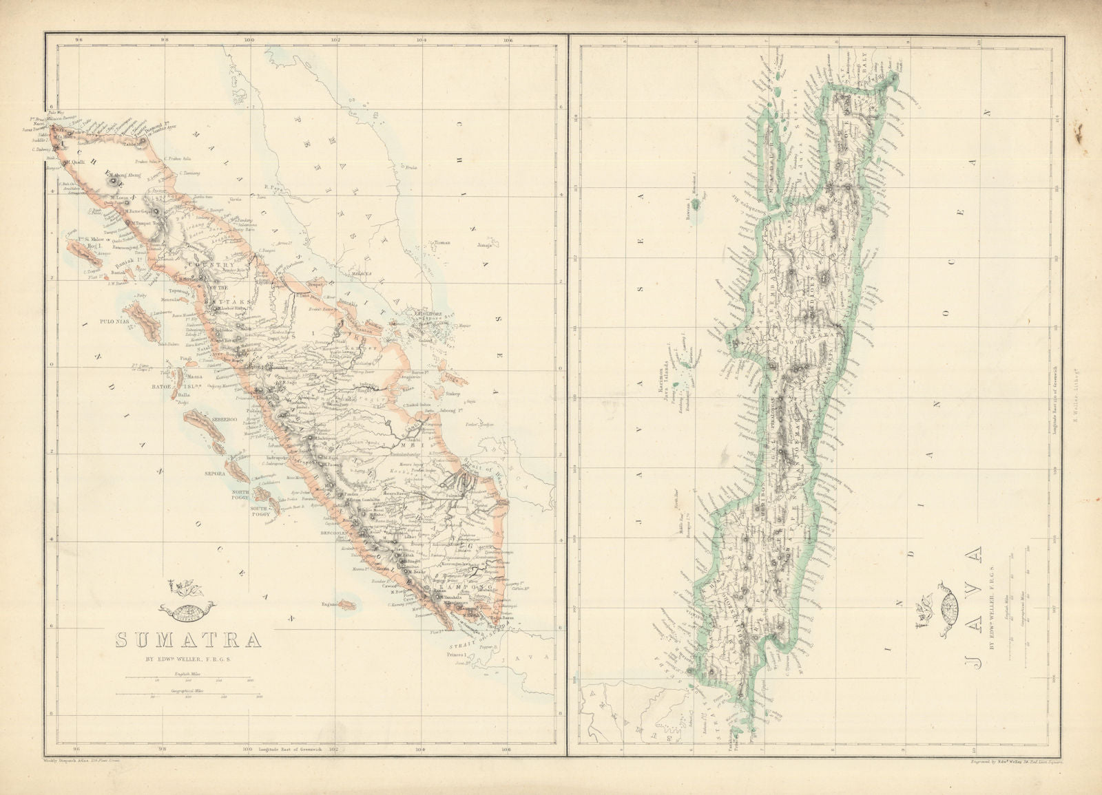 SUMATRA & JAVA. Dutch East Indies. Singapore. Indonesia. WELLER 1863 old map
